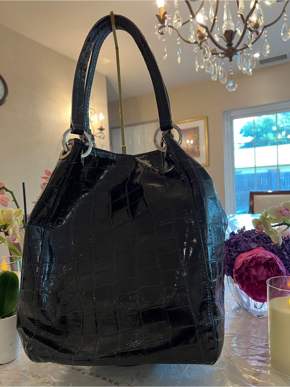 Donald J Pliner Couture Vintage Italian Patent Croc Leather Shoulder Tote Black